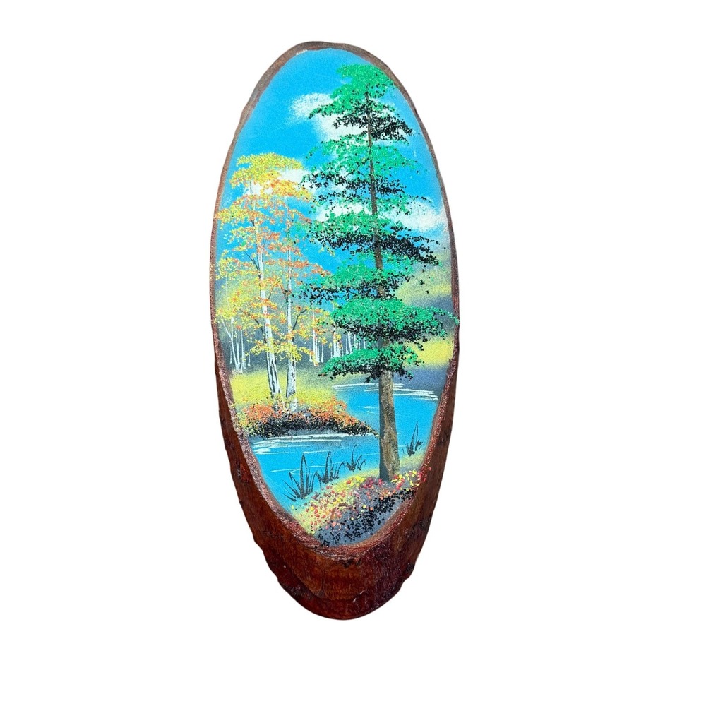 Vintage Hand Painted Live Edge Wood Slab Autumn Forest Lake Landscape Pebble Art